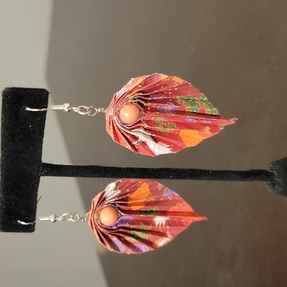Hand Folded Origami Leaf Earrings Burnt Orange with Matching Bead Sterling - Picture 2 of 8